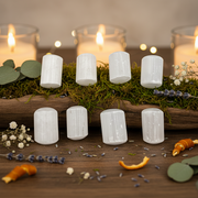 White selenite rocks in a spiritual setting
