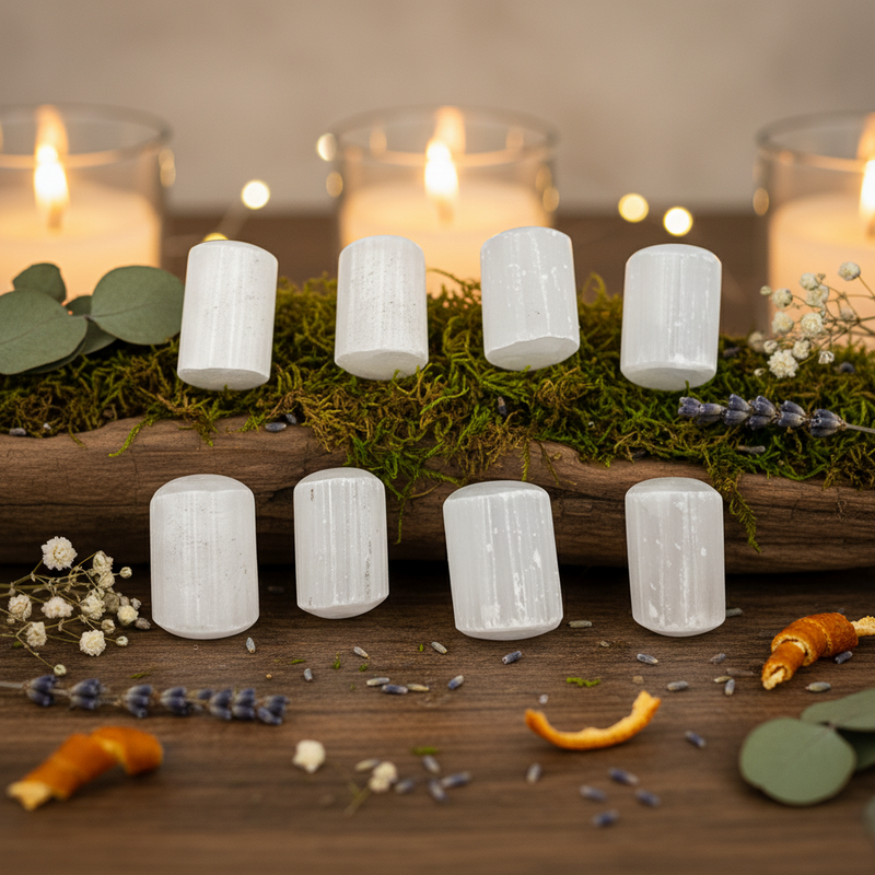 White selenite rocks in a spiritual setting