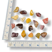 A collection of Mookite Jasper gemstones in various shades of red, yellow, and brown, displayed on a measuring tape for scale.