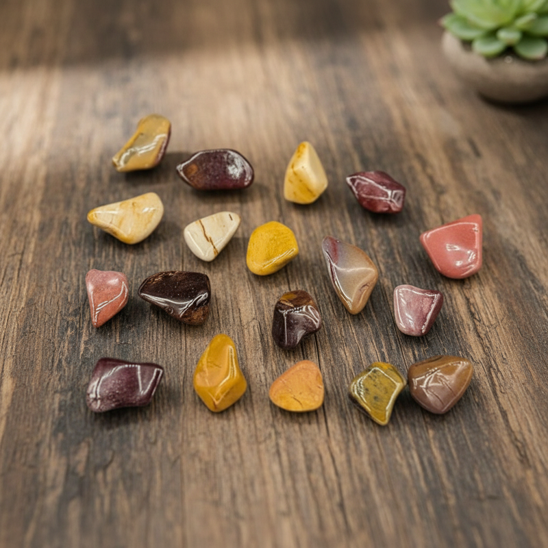 Mookaite Tumbled on a wooden table