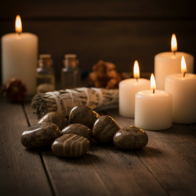 A spa-style still life on a dark wooden table with smooth brown stones in the foreground, a bundle of white sage tied with string, small glass bottles, and several lit white pillar candles in soft focus in the background.