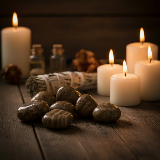 A spa-style still life on a dark wooden table with smooth brown stones in the foreground, a bundle of white sage tied with string, small glass bottles, and several lit white pillar candles in soft focus in the background.