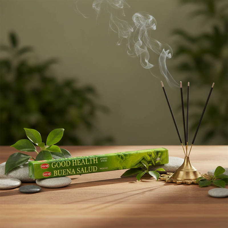 Green box of incense sticks labeled 'Good Health' on a table with burning incense beside the box