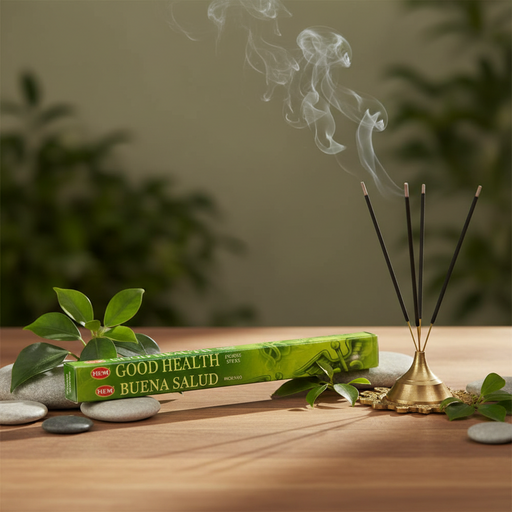 Green box of incense sticks labeled 'Good Health' on a table with burning incense beside the box