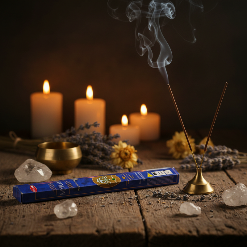 Blue package of incense sticks with a brand logo on a table with candles, herbs, incense and crystals