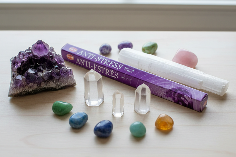 Crystal set with HEM Anti‑Stress incense on a light surface