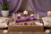 HEM Anti‑Stress incense with crystals and candles on a wooden board