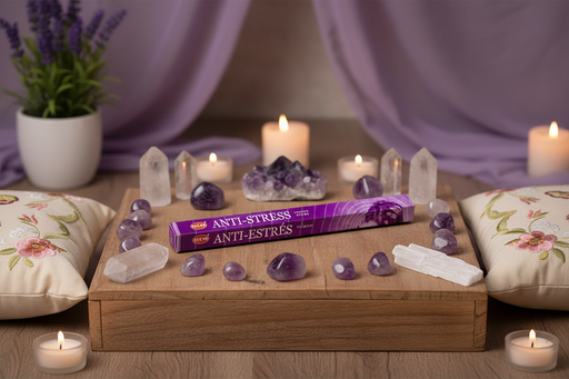 HEM Anti‑Stress incense with crystals and candles on a wooden board