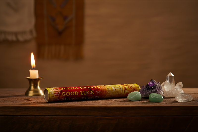 Hem Incense Good Luck 20g Approximate  in a spiritual setting with crystals and a candle.