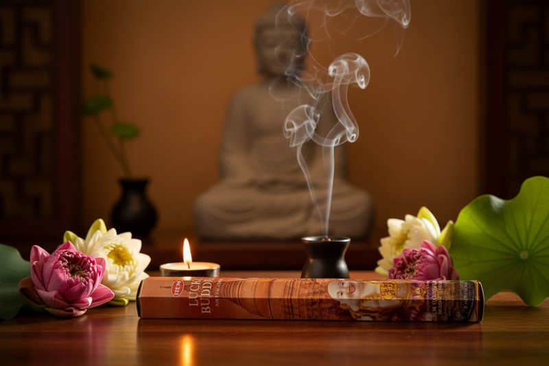 Hem Lucky Buddha incense stick packaging on a table surrounded by flower with a buddha in the background