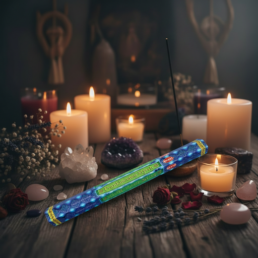 Packaged incense stick with blue and green design on a table surrounded by candles, crystals and flowers.