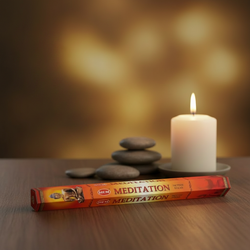 HEM Meditation incense stick box with a lit candle and stones on a wooden surface.