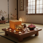 Singing bowl with decorative patterns, wooden stick, and gift box  on a wooden table,with incense, and candles.