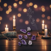 Amethyst crystal clusters arranged on a wooden table with lit white candles, a bundle of dried herbs, and a smoking incense cone against a dark background with warm bokeh lights.