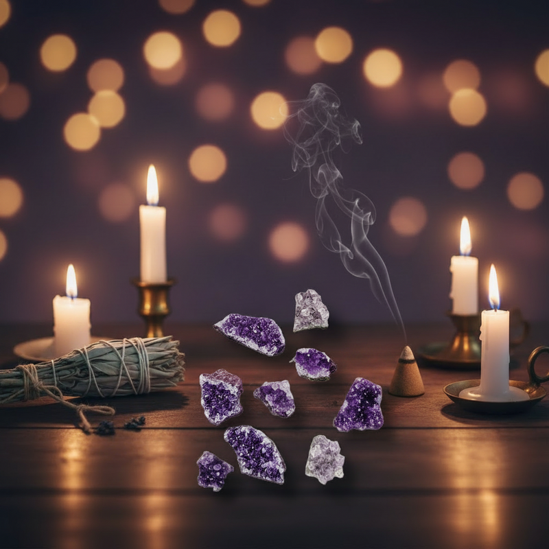 Amethyst crystal clusters arranged on a wooden table with lit white candles, a bundle of dried herbs, and a smoking incense cone against a dark background with warm bokeh lights.