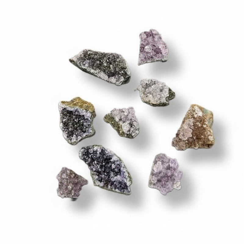 A set of nine raw, rough mineral specimens and crystals in various colors, including purple, gray, brown, black, and gold, arranged on a plain white background with soft drop shadows.