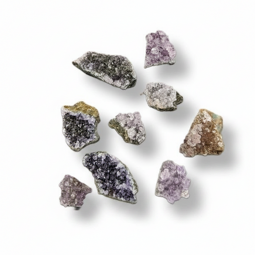 A set of nine raw, rough mineral specimens and crystals in various colors, including purple, gray, brown, black, and gold, arranged on a plain white background with soft drop shadows.