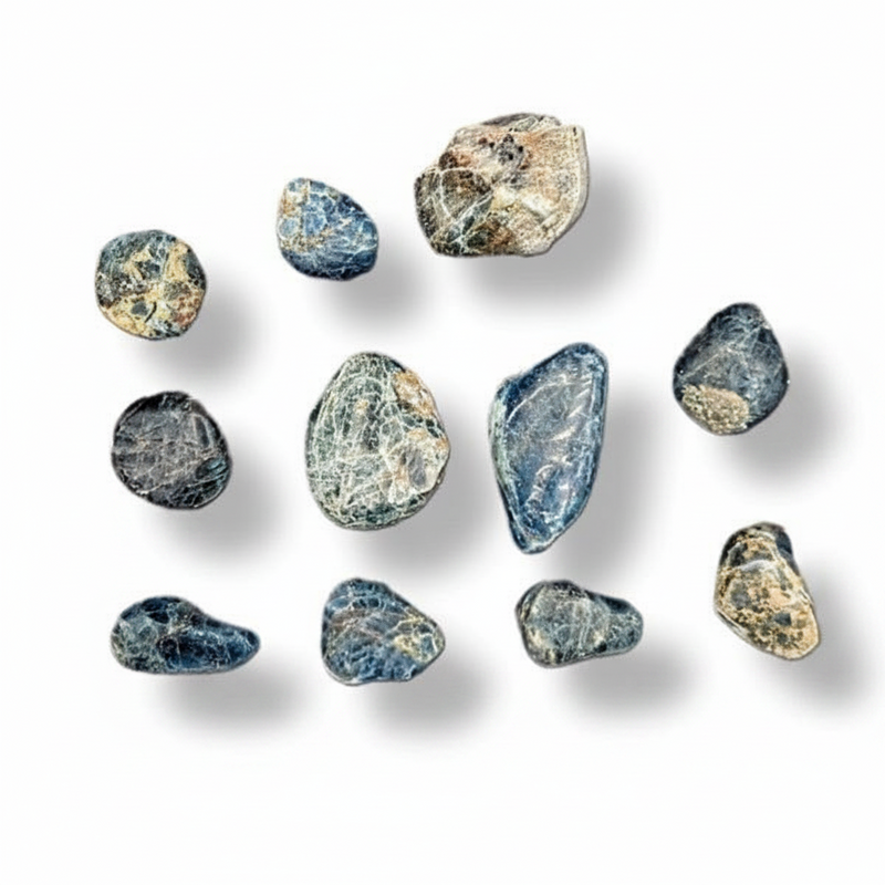 A set of tumbled apatite in shades of blue, gray, beige, and white, arranged on a plain white background with soft drop shadows.