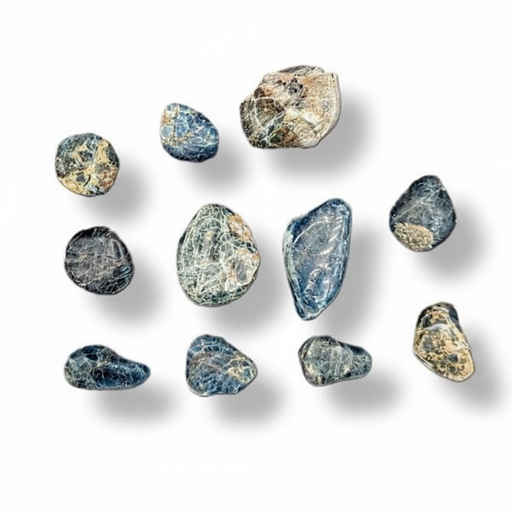 A set of tumbled apatite in shades of blue, gray, beige, and white, arranged on a plain white background with soft drop shadows.