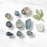 A flat-lay arrangement of polished blue apatite tumbled stones on a white marble background, styled with a green sage sprig and a white crystal cluster.