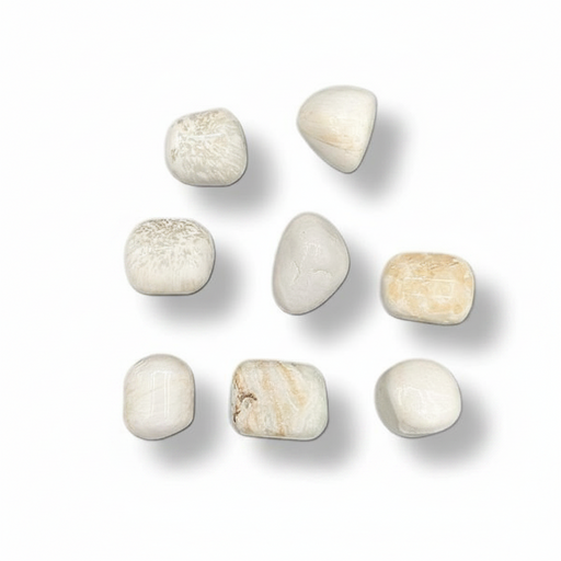 Nine polished white and cream-colored tumbled stones of various shapes, arranged in a grid on a clean white background with soft drop shadows.