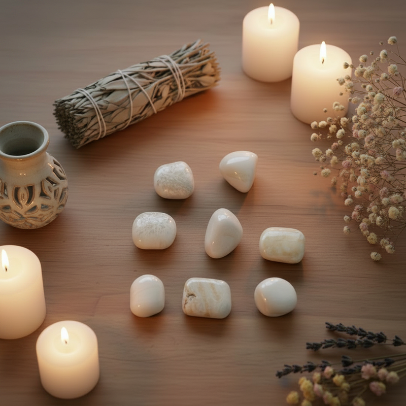 A styled flat-lay of white tumbled stones arranged on a wooden surface, surrounded by lit white pillar candles, a sage bundle, a small ceramic vase, and dried flowers.