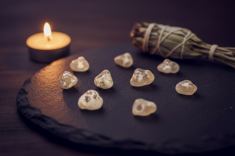 Tumbled Snake Skin Agate arranged on a dark slate platter, with a lit tealight candle and a dried sage bundle in the background.