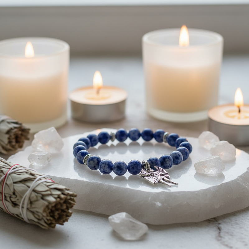 A beaded bracelet made of dark blue sodalite  stones with a silver Archangel Michael charm, displayed on a white slate tray with candles, crystals, and a sage bundle in the background.