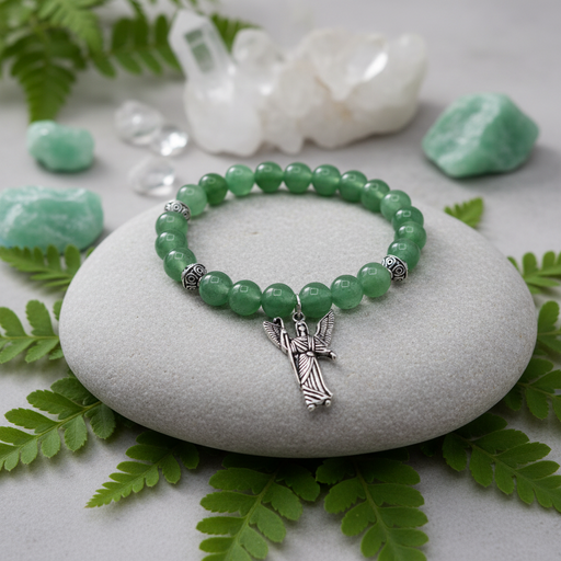 Green beaded bracelet with an angel charm on a white stone surrounded by green leaves and crystals.
