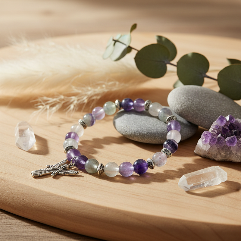 A beaded bracelet with purple, white, and gray beads, silver-toned spacer beads, and a silver cross charm, styled on a wooden board with stones, crystals, and greenery.
