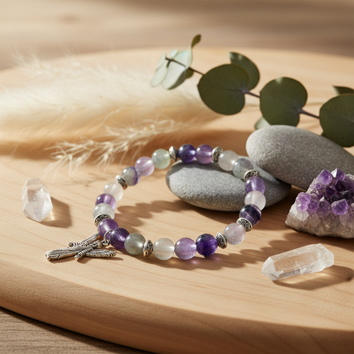 A beaded bracelet with purple, white, and gray beads, silver-toned spacer beads, and a silver cross charm, styled on a wooden board with stones, crystals, and greenery.