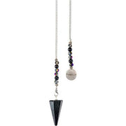 Pendulum with black tourmaline point and beaded chain on a white background