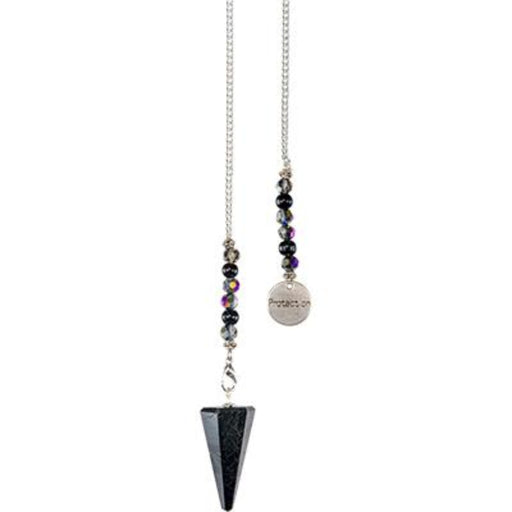 Pendulum with black tourmaline point and beaded chain on a white background