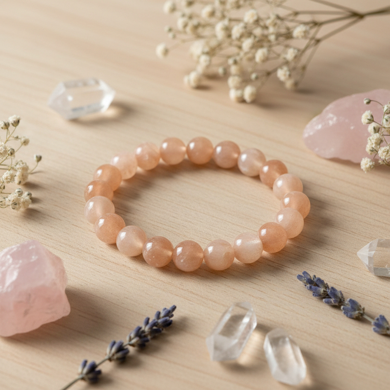 A peach-pink beaded bracelet made of smooth round stones, arranged on a light wood surface with crystals, dried flowers, and lavender sprigs around it.
