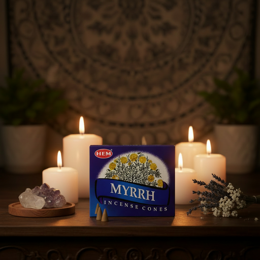 Hem Incense Myrrh Cones 10pcs on a table with candles an crystals.