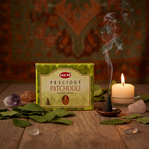Box of HEM Precious Patchouli incense cones on a table with a burning cone in a holder, herbs and crystals.