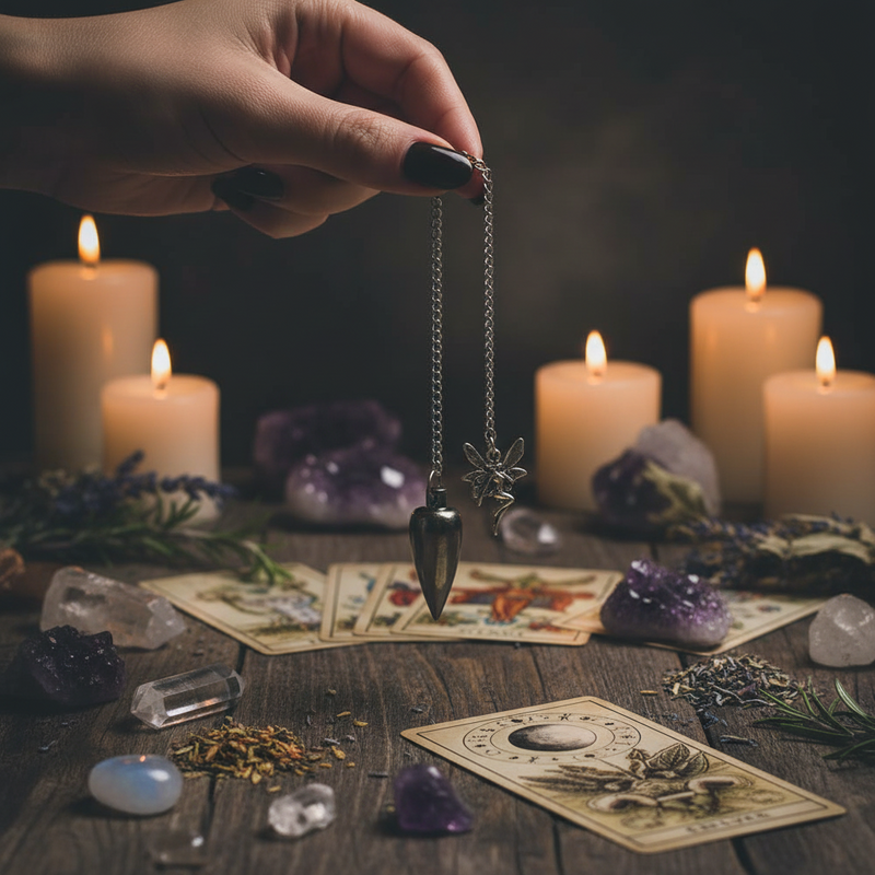 A hand with dark nail polish holds a silver pendulum and star charm above a wooden table styled with tarot cards, crystals, dried herbs, and glowing candles.