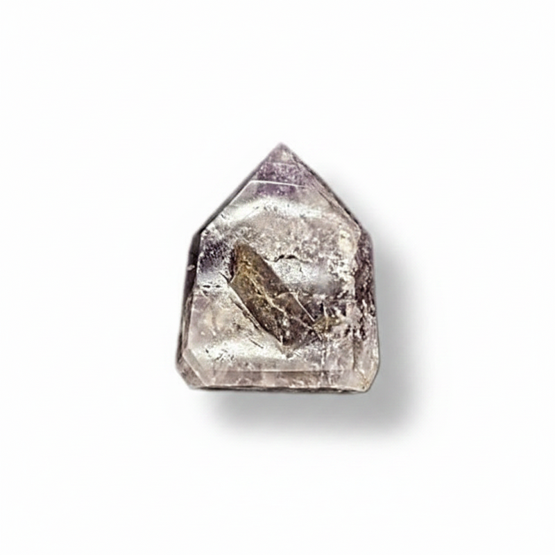 A natural pointed amethyst shown on a clean white background with a soft drop shadow.