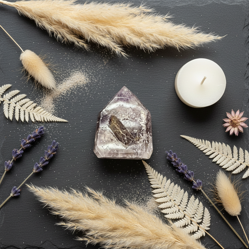 An Amethyst point styled on a dark slate background with dried pampas grass, lavender, white candles, and white ferns.