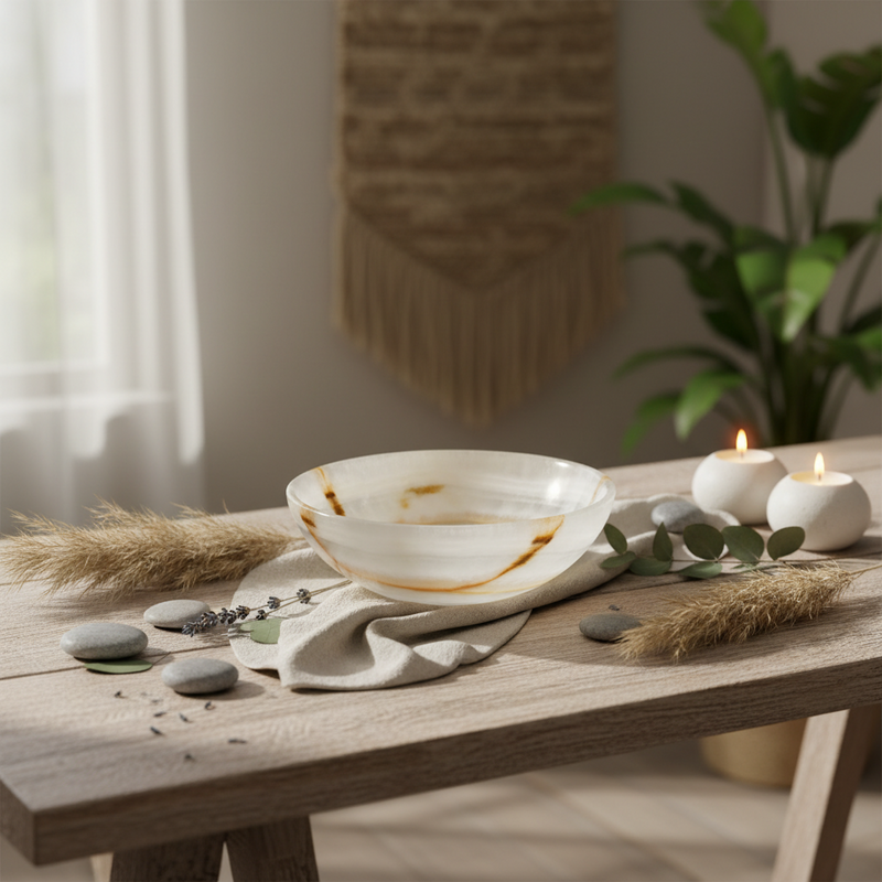 A white onyx bowl with brown marbled accents sits on a rustic wooden table styled with a beige cloth, green leaves, gray stones, dried grass, and two lit white candles in a softly lit interior setting.