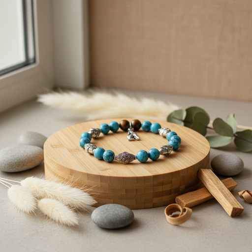 A beaded bracelet with turquoise-blue, brown, and silver-toned beads, displayed on a round wooden pedestal with decorative stones, dried grass, and eucalyptus leaves in a softly lit indoor setting.