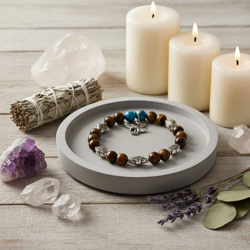 A beaded bracelet with brown tiger's eye, silver charms, and a blue bead rests on a round gray tray, surrounded by candles, crystals, and dried lavender on a whitewashed wood surface.