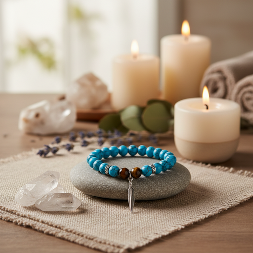 A beaded bracelet with turquoise-blue beads, a brown tiger's eye accent, and silver spacer beads, resting on a gray stone. The scene is styled with lit candles, crystals, and a linen cloth on a wooden table.