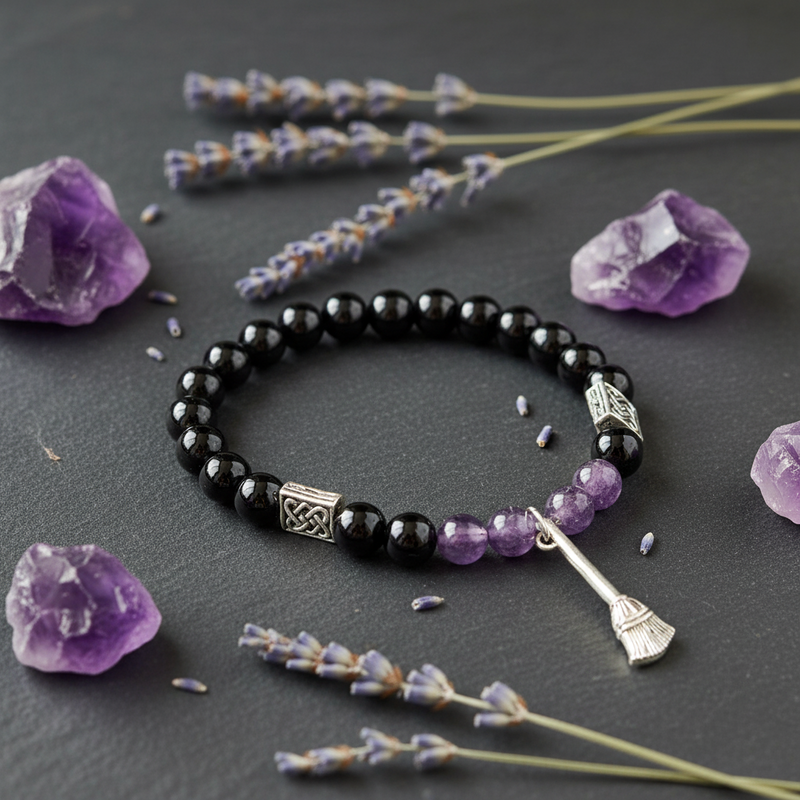 A beaded bracelet with glossy black round beads, silver-toned spacer beads, a cluster of small lavender-purple beads, and a broom-shaped charm, arranged on a dark gray surface with purple crystal points and lavender sprigs.