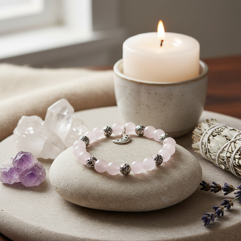 A beaded bracelet with pale pink round beads, silver spacer beads, and a small silver crescent moon charm, displayed on a smooth stone in a styled setting with a lit candle, crystals, and dried lavender.