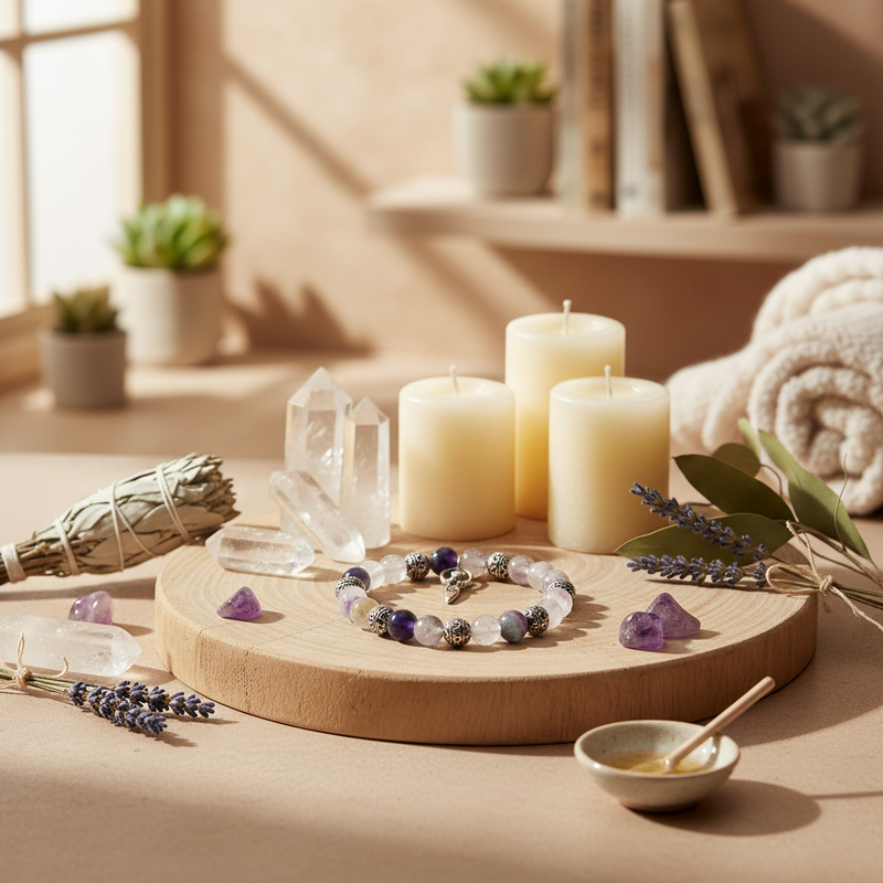 A beaded bracelet with purple, white, and metallic beads displayed on a round wooden tray, surrounded by candles, crystals, dried lavender, a sage bundle, and a small bowl in a softly lit spa-like setting.