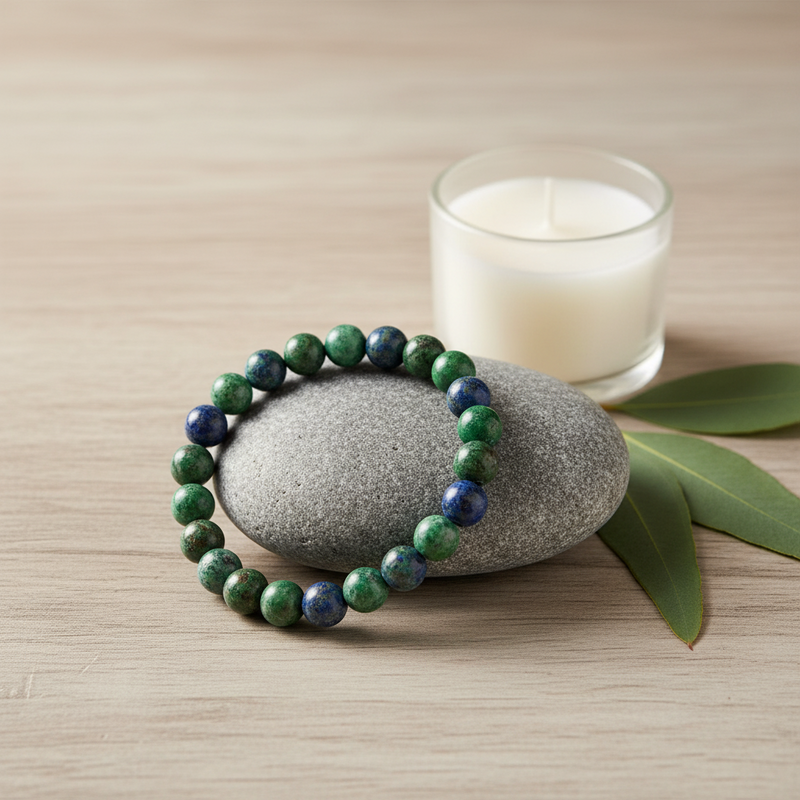 A beaded bracelet made of green and blue marbled stones rests on a smooth gray stone, with a white candle and green leaves in the background on a light wood surface.