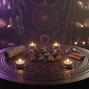 A mystical tabletop altar setup with a carved circular wooden board featuring occult symbols, surrounded by lit tealight candles, a smudging bundle, crystals, a small incense burner, and incense sticks in a dimly lit, atmospheric room.
