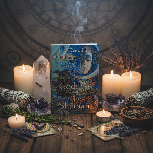 Book titled 'The Goddess and The Shaman' surrounded by candles, crystals, and herbs on a wooden surface.