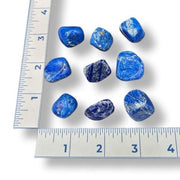 Blue stones on a white background with a ruler for scale